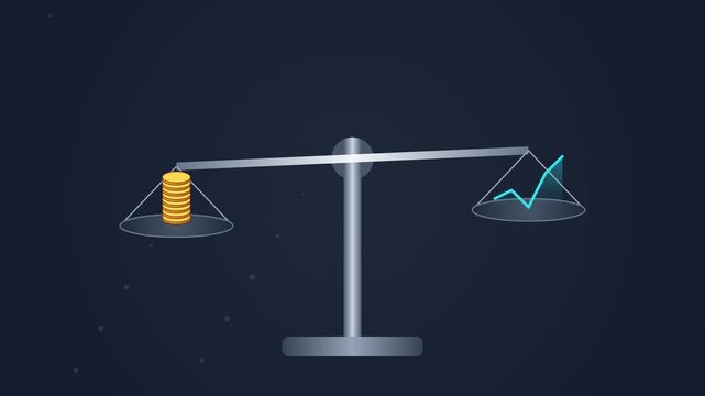 Conceptual business illustration featuring a balance scale weighing stacked gold coins against an upward trending growth chart for financial stability