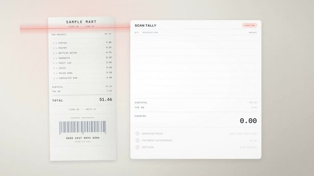 Scan tally panel counts every receipt line then confirms payment with a paid stamp