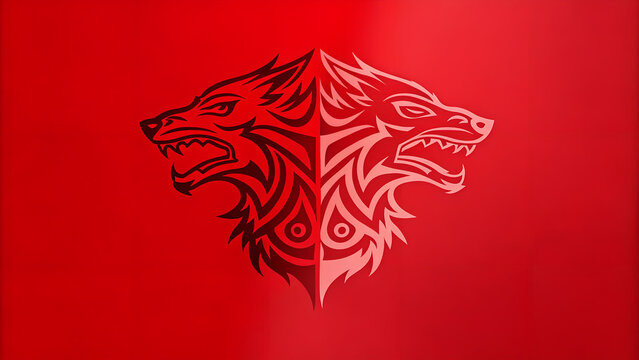 Tribal wolf heads mirror design in dark and light red tones on vibrant red gradient background.