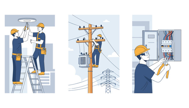 Vertical banners presenting professional electricians installing lighting, working on power lines, and testing panels.