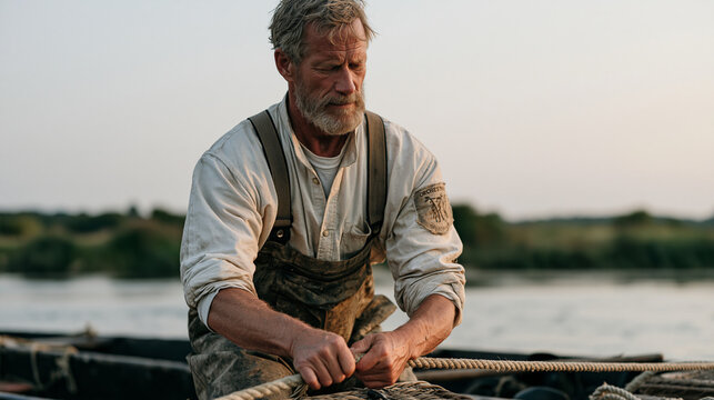 Ghillie fishing guide in waders candidly securing an opera touring company's river picnic hamper onto a punt a faded orchestra badge patch on his sleeve visible as he tightens the
