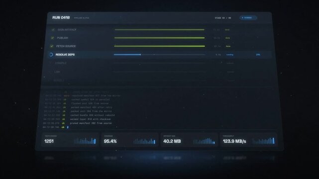 Build pipeline dashboard with stage progress bars streaming logs and test metrics