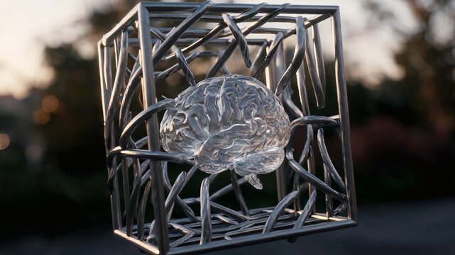 Human brain trapped inside a metal cage concept
