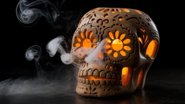 Intricately Carved Terracotta Mexican Sugar Skull With Internal Orange Light And Wispy Smoke, Traditional Dia De Los Muertos Celebration Decoration