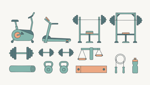 Comprehensive colorful icon set of professional gym equipment including weights, treadmill, stationary bike, and mats.