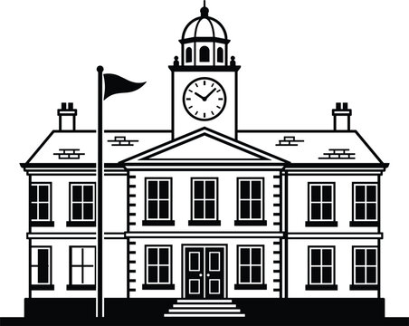 Classical historical town hall building facade featuring a prominent central clock tower and a flying flag