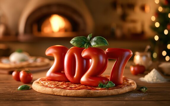 Celebratory New Years Eve Party with Giant Number 107 Pizza and Surrounding Festive Decorations
