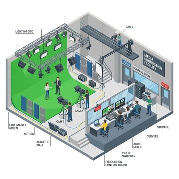 Television Studio Cutaway with Green Screen Stage and Control Room