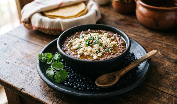  rich Refried Beans topped with a sprinkle of Cotija cheese and a drizzle of lard/oil, surrounded by scattered whole black beans and a sprig of cilantro, on a deep black clay plate,