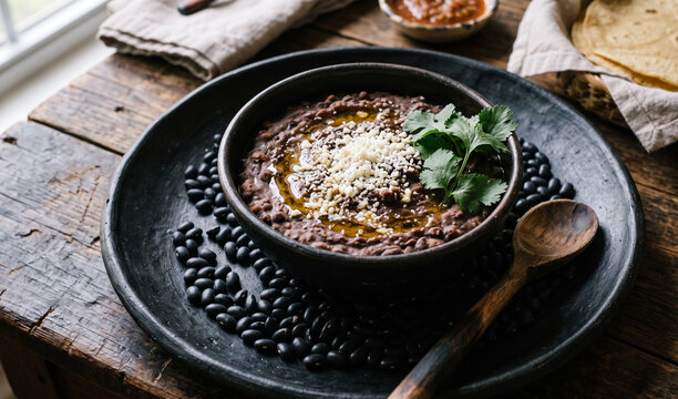  rich Refried Beans topped with a sprinkle of Cotija cheese and a drizzle of lard/oil, surrounded by scattered whole black beans and a sprig of cilantro, on a deep black clay plate,