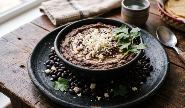  rich Refried Beans topped with a sprinkle of Cotija cheese and a drizzle of lard/oil, surrounded by scattered whole black beans and a sprig of cilantro, on a deep black clay plate,
