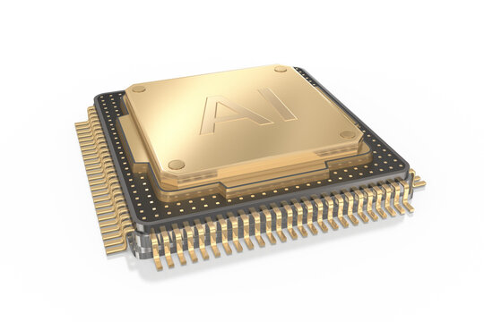 3d AI leistungsstarker Microchip gold, schwarz mit vergoldeten Leiterbahnen auf transparenten Hintergrund,freigestellt . 3D Illustration	
