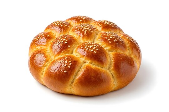 Traditional round braided challah bread with sesame seeds isolated on white background in 3D rendering style