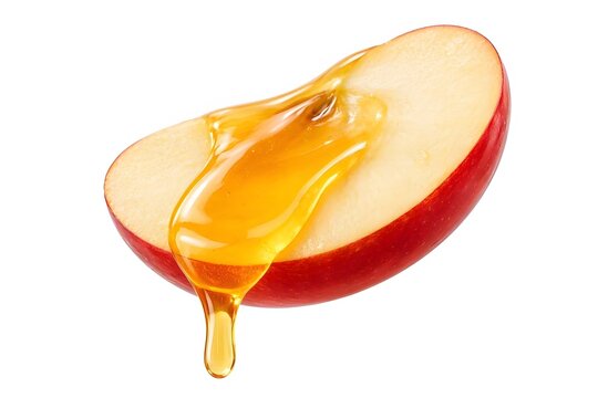 Single red apple slice with liquid honey dripping down isolated on white background