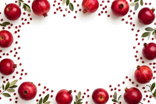 Rosh Hashanah border frame template filled with red pomegranates and seeds on white background