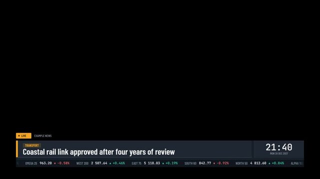 Breaking news lower third with headline banner live clock and scrolling market ticker