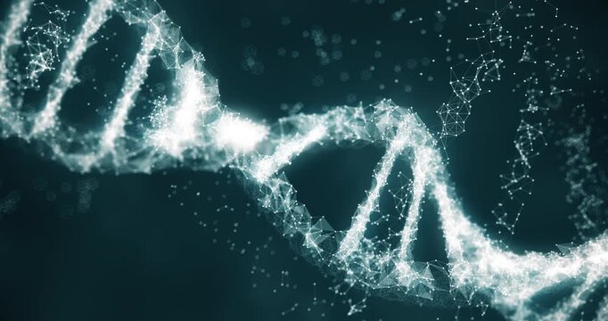 Genetic research DNA strand rotating with digital network particles. Science and Medical Concept.