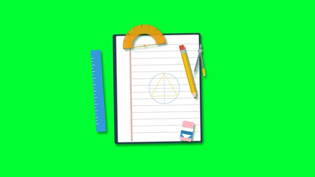 Animated Math Education Icons with Compass Protractor Ruler and Pencil on Green Screen Background