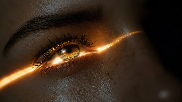 Macro close-up of a human eye crossed by a glowing golden light beam, concept of biometric scanning, vision technology, digital security and future innovation.
