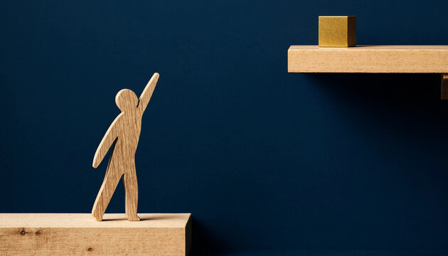 Wooden figure reaching toward golden cube on higher shelf symbolizing goal achievement and aspiration
