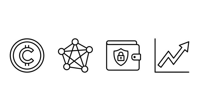 Set of four line icons representing cryptocurrency, blockchain network, secure digital wallet, and market growth.