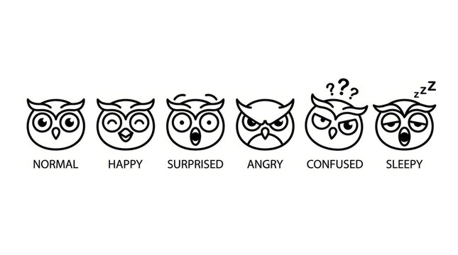 Emotional owl expressions for mood illustration.
