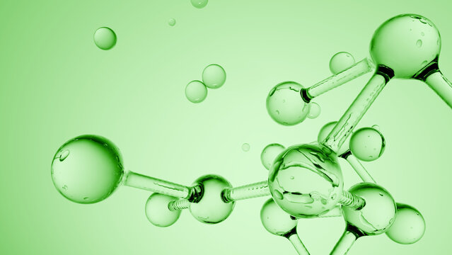Molecule green bubble science chemistry abstract structure with liquid sphere and laboratory concept on soft background