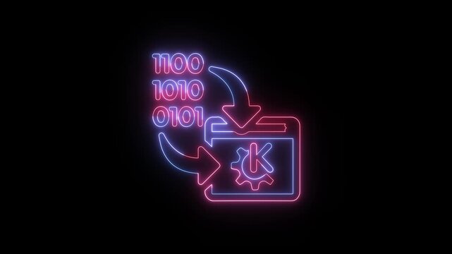 Neon data migration icon with binary code and settings gear