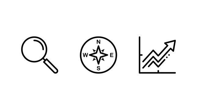 Line art icons representing search, navigation, and business growth analysis.