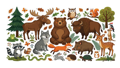 Obraz premium Collection of cute autumn woodland animal vector illustrations featuring cartoon forest creatures leaves trees and wildlife nature designs