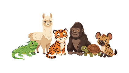Fototapeta premium Collection of cute wild animal vector illustrations featuring cartoon characters like tiger gorilla llama turtle iguana and hyena