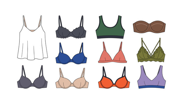 Collection of modern women bra tops and lingerie vector illustrations featuring various stylish sports bralettes camisoles fashion designs