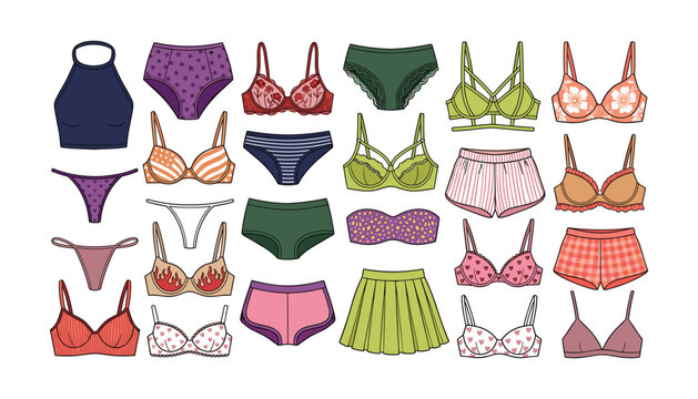Collection of trendy women lingerie and underwear vector illustrations featuring various stylish bra sets panties and sleepwear designs