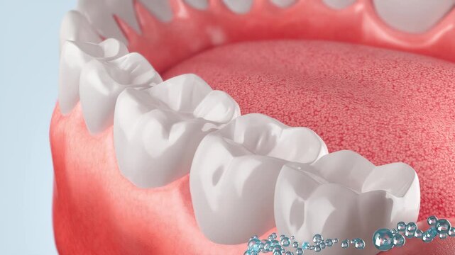 3D animation of active cleaning bubbles flowing between teeth to remove plaque and stains, transforming yellow teeth into a bright white smile. Oral care and teeth whitening concept.