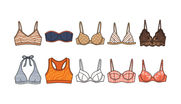 Collection of modern women bra and lingerie vector illustrations featuring various stylish bralette lace undergarment fashion designs
