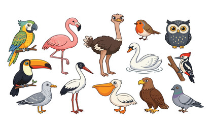 Fototapeta premium Collection of cute cartoon bird vector illustrations featuring various wild species like parrot flamingo owl eagle and toucan