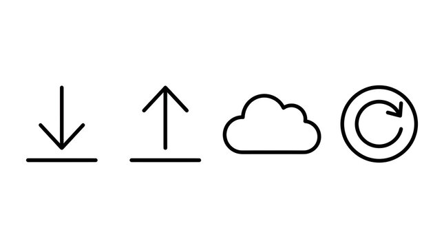 A set of four minimalist line icons representing download, upload, cloud storage, and refresh functions, isolated on a white background.