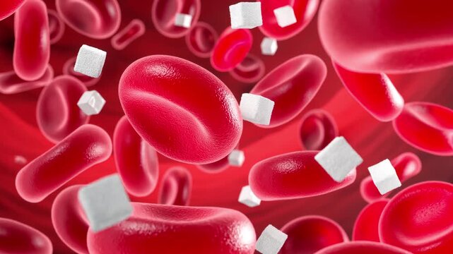 Blood cells and glucose sugar cube in the vein.