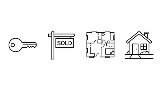 Set of real estate line icons including a key, sold sign, floor plan, and house outline.
