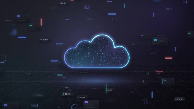 Glowing cloud icon over a dark data grid with floating metric cards seamless loop