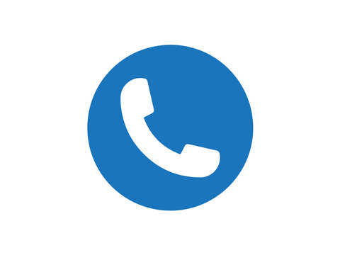 Telephone handset icon is illustrated in white within a bright blue circular button on a white background.