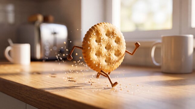 Funny concept of a round biscuit character running fast on a kitchen counter with sugar splashes, personified cookie escaping breakfast in a bright modern kitchen setting with toaster and coffee.