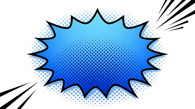 Comic book speech bubble with blue halftone gradient, pop art explosion frame, retro cartoon shout balloon for marketing