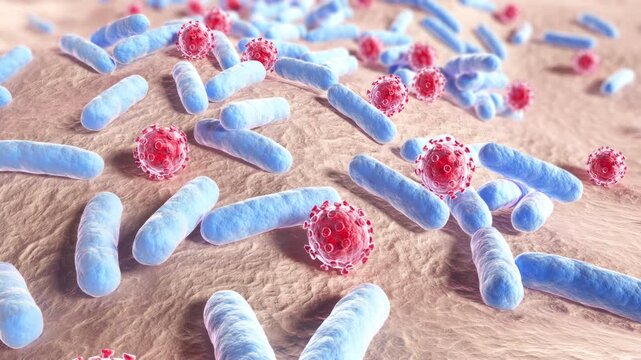 The skin microbiome, which includes bacteria and fungi on human skin 3D animation.