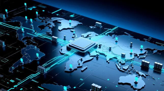 An aerial isometric view of vast global network with cloud computing data centers featuring bright neon circuit paths flowing between interconnected hubs