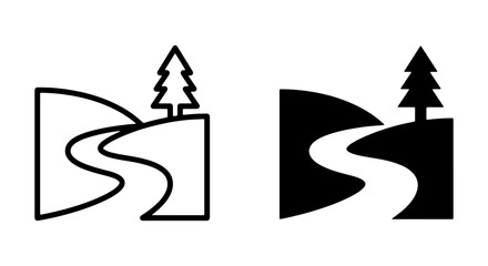 Minimalist Landscape Icons: Winding Road, Tree, Hills, Outline and Silhouette Vector Graphics for Travel and Nature Themes © Jamal