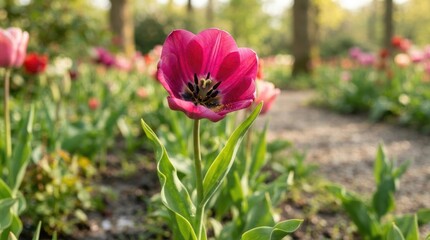 Fototapeta premium Close Up of Vibrant Pink Tulip Blooming in Colorful Spring Garden with Soft Natural Background
