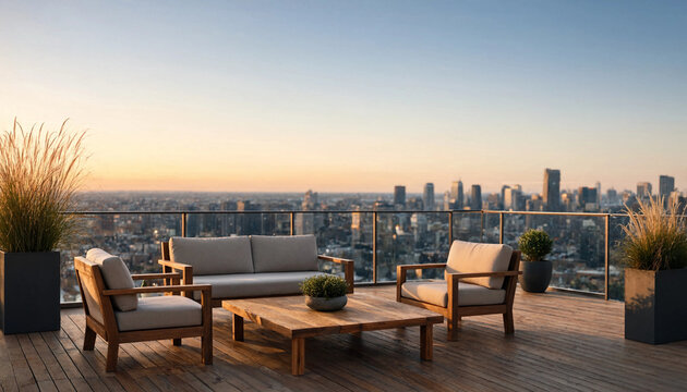 Luxury rooftop terrace with modern wooden furniture overlooking city skyline at sunset