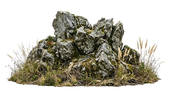 Natural rock formation with green moss and wild grass, jagged stone boulder isolated on white, realistic mountain cliff element for landscape design