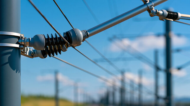 Overhead electrical wires and metal structures forming railway catenary system, defocused transportation infrastructure visualization, rail power delivery representation, with